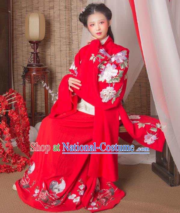 Asian China Ming Dynasty Imperial Princess Red Cloak, Traditional Ancient Chinese Hanfu Embroidered Cape Clothing for Women