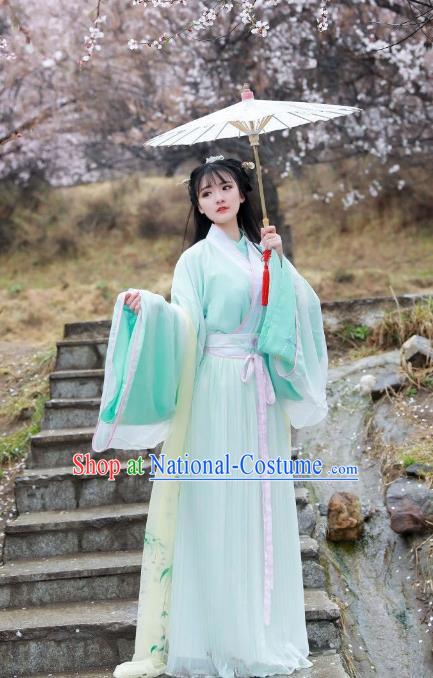 Asian China Jin Dynasty Imperial Princess Costume, Traditional Ancient Chinese Hanfu Embroidered Green Blouse and Skirt Clothing for Women