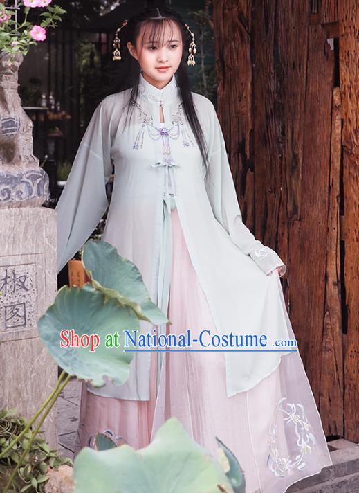 Asian China Ming Dynasty Palace Lady Costume, Traditional Ancient Chinese Imperial Princess Hanfu Embroidered Blouse and Skirt Clothing for Women