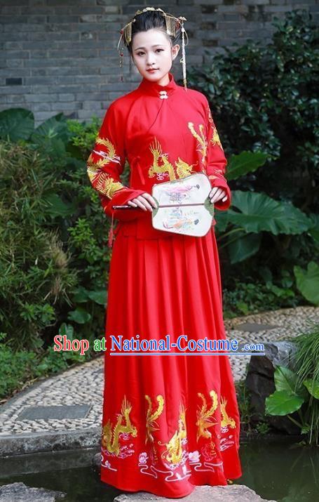 Asian China Ming Dynasty Palace Lady Wedding Costume, Traditional Ancient Chinese Imperial Princess Hanfu Embroidered Red Clothing for Women