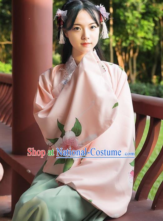 Asian China Ming Dynasty Palace Lady Costume Slant Opening Pink Blouse, Traditional Ancient Chinese Princess Hanfu Embroidered Clothing for Women