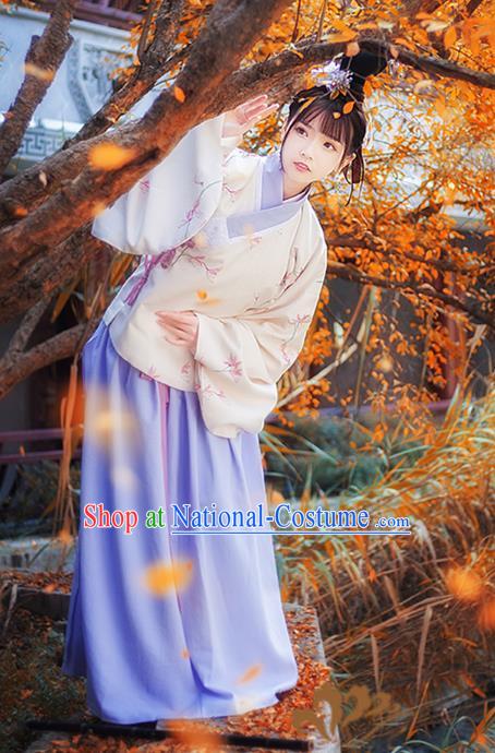 Asian China Ming Dynasty Princess Costume Printing Blouse and Skirt, Traditional Ancient Chinese Palace Lady Hanfu Clothing for Women