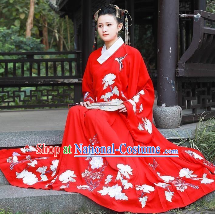 Asian China Ming Dynasty Bride Wedding Costume, Traditional Ancient Chinese Palace Lady Hanfu Red Clothing for Women