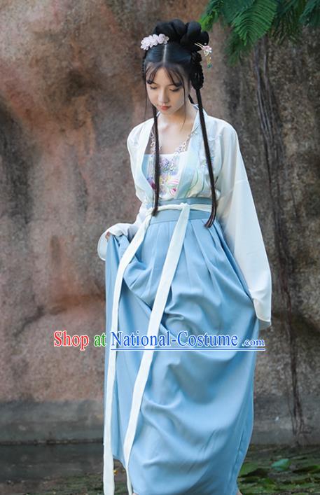 Asian China Ming Dynasty Young Lady Blue Costume Complete Set, Traditional Ancient Chinese Princess Hanfu Embroidered Clothing for Women