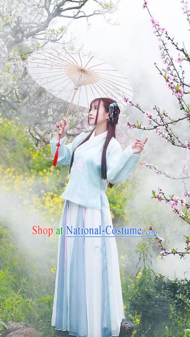 Asian China Ming Dynasty Young Lady Costume, Traditional Ancient Chinese Princess Hanfu Embroidered Blue Blouse and Skirt Clothing for Women