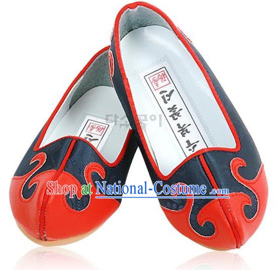 Traditional Korean National Embroidered Deep Blue Shoes, Asian Korean Hanbok Children Shoes for Boys