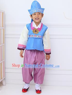 Traditional Korean Handmade Hanbok Embroidered Boy Blue Clothing, Asian Korean Fashion Apparel Hanbok Embroidery Costume for Kids