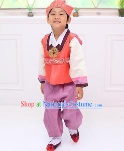 Traditional Korean Handmade Hanbok Embroidered Boy Orange Clothing, Asian Korean Fashion Apparel Hanbok Embroidery Costume for Kids