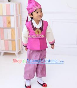 Traditional Korean Handmade Hanbok Embroidered Boy Pink Clothing, Asian Korean Fashion Apparel Hanbok Embroidery Costume for Kids