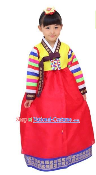 Traditional Korean Handmade Hanbok Embroidered Girls Clothing, Asian Korean Fashion Apparel Hanbok Embroidery Yellow Blouse Costume for Kids