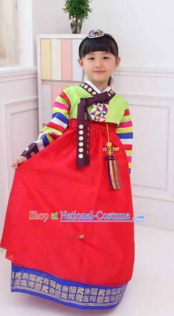 Traditional Korean Handmade Hanbok Embroidered Girls Clothing, Asian Korean Fashion Apparel Hanbok Embroidery Green Blouse Costume for Kids