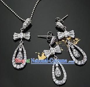 Traditional Korean Accessories Asian Korean Fashion Wedding Crystal Bowknot Necklace and Earrings Complete Set for Women