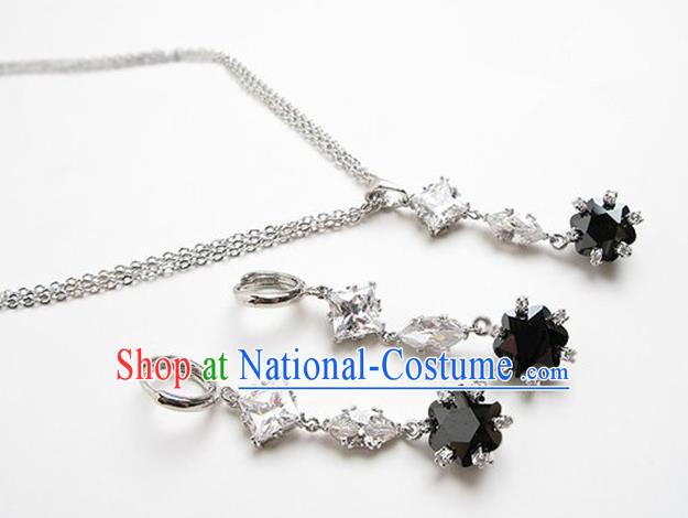 Traditional Korean Accessories Asian Korean Fashion Wedding Black Crystal Necklace and Earrings Complete Set for Women