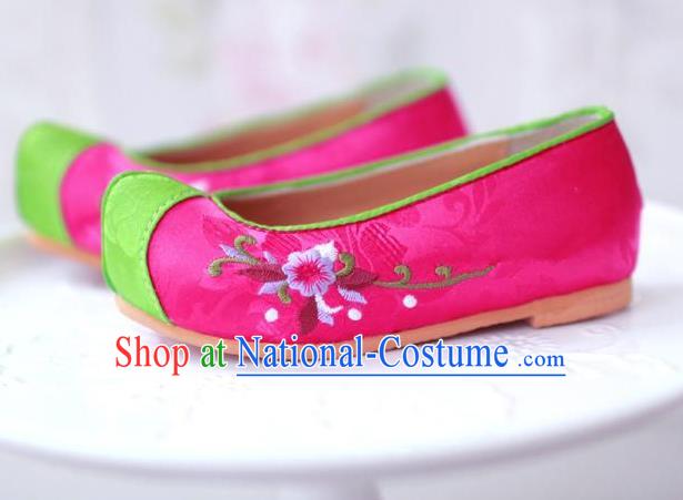 Traditional Korean National Girls Pink Embroidered Shoes, Asian Korean Hanbok Children Bride Shoes for Kids