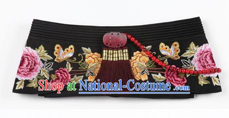 Traditional Korean Hair Accessories Bride Black Embroidered Hats, Asian Korean Fashion Imperial Empress Wedding Tassel Headwear for Women