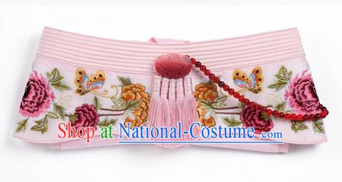 Traditional Korean Hair Accessories Bride Pink Embroidered Hats, Asian Korean Fashion Imperial Empress Wedding Tassel Headwear for Women