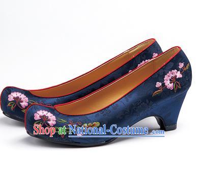 Traditional Korean National Navy Embroidered Shoes, Asian Korean Hanbok Bride High-heeled Shoes for Women