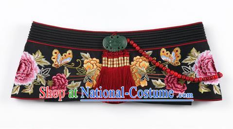 Traditional Korean Hair Accessories Bride Black Embroidered Hats, Asian Korean Fashion Imperial Empress Wedding Red Tassel Headwear for Women