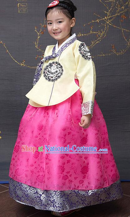 Traditional Korean National Top Grade Handmade Court Embroidered Clothing, Asian Korean Bride Hanbok Yellow Blouse and Pink Dress for Kids