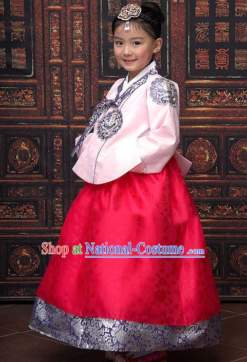 Traditional Korean National Top Grade Handmade Court Embroidered Clothing, Asian Korean Bride Hanbok Pink Blouse and Red Dress for Kids