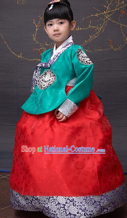 Traditional Korean National Top Grade Handmade Court Embroidered Clothing, Asian Korean Bride Hanbok Green Blouse and Red Dress for Kids