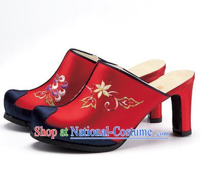 Traditional Korean National Red Embroidered Shoes, Asian Korean Hanbok Bride High-heeled Shoes for Women