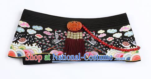 Traditional Korean Hair Accessories Bride Embroidered Hats, Asian Korean Fashion Imperial Empress Wedding Tassel Black Headwear for Women