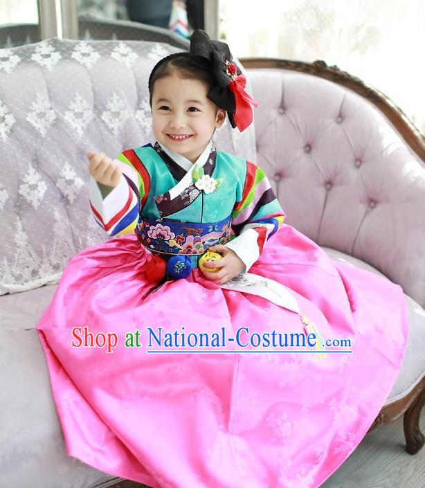 Traditional Korean National Handmade Court Embroidered Costume Green Blouse and Pink Dress, Asian Korean Hanbok Clothing for Kids