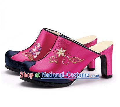 Traditional Korean National Wedding Rosy Embroidered Shoes, Asian Korean Hanbok Bride High-heeled Shoes for Women