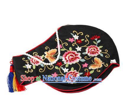 Traditional Korean Hair Accessories Embroidered Black Hats, Asian Korean Fashion Headwear Wedding Headband for Kids