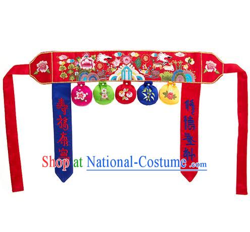 Traditional Korean Accessories Embroidered Red Belts, Asian Korean Fashion National Waistband for Kids