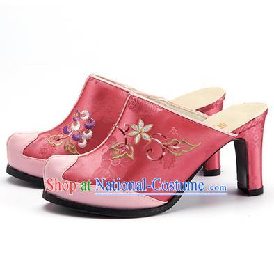 Traditional Korean National Wedding Pink Embroidered Shoes, Asian Korean Hanbok Bride High-heeled Shoes for Women