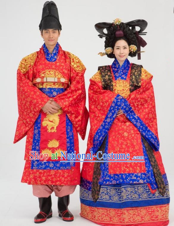 Traditional Korean National Handmade Court Embroidered Wedding Clothing, Asian Korean Apparel Hanbok Embroidery Bride and Bridegroom Costume for Women for Men