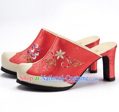 Traditional Korean National Wedding Watermelon Red Embroidered Shoes, Asian Korean Hanbok Bride High-heeled Shoes for Women