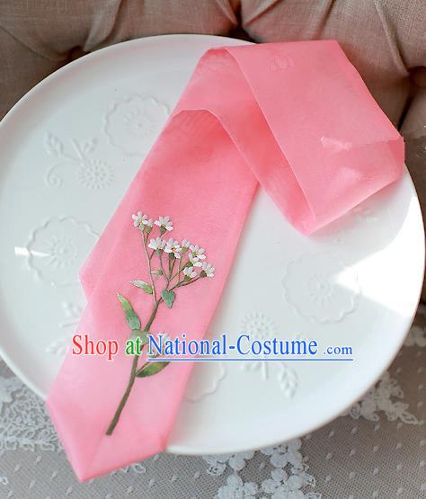 Traditional Korean Hair Accessories Embroidered Pink Hair Ribbon, Asian Korean Fashion Wedding Headband for Kids