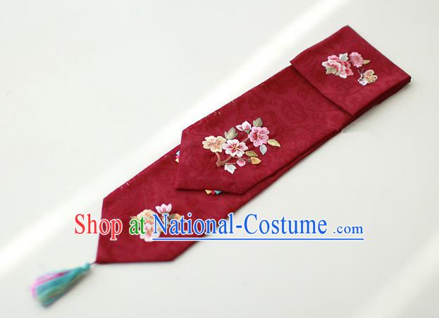 Traditional Korean Hair Accessories Embroidered Dark Red Hair Ribbon, Asian Korean Fashion Wedding Headband for Kids