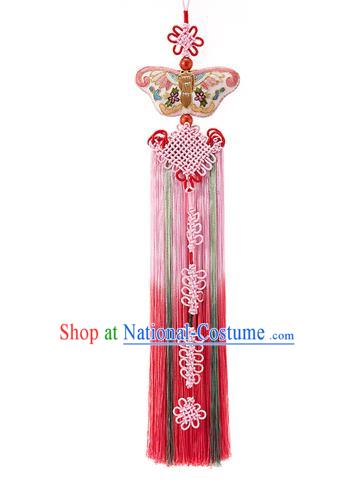 Traditional Korean Accessories Embroidered Butterfly Waist Pendant, Asian Korean Fashion Wedding Pink Tassel Waist Decorations for Women