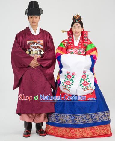 Traditional Korean National Handmade Court Embroidered Wedding Clothing, Asian Korean Bride and Bridegroom Costume for Women for Men