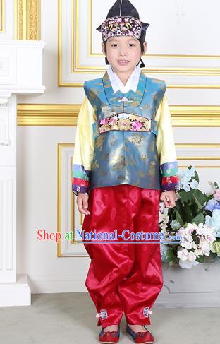 Traditional Korean National Handmade Court Embroidered Blue Costume, Asian Korean Boys Hanbok Clothing for Kids