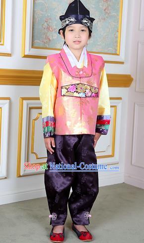 Traditional Korean National Handmade Court Embroidered Pink Costume, Asian Korean Boys Hanbok Clothing for Kids