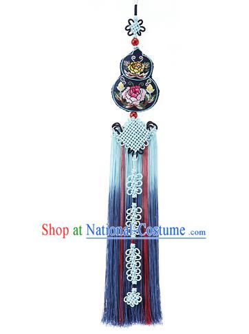 Traditional Korean Accessories Embroidered Cucurbit Waist Pendant, Asian Korean Fashion Wedding Blue Tassel Waist Decorations for Women