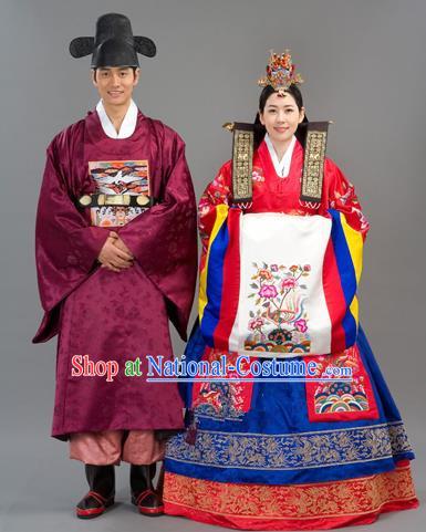 Traditional Korean National Handmade Court Embroidered Wedding Clothing, Asian Korean Bride Costume for Women