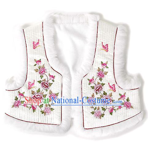 Traditional Korean National Handmade Court Embroidered Peony White Vest, Asian Korean Bride Waistcoat Costume for Kids