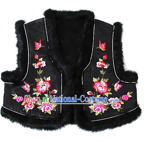 Traditional Korean National Handmade Court Embroidered Peony Black Vest, Asian Korean Bride Waistcoat Costume for Kids