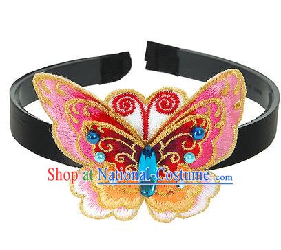 Traditional Korean Hair Accessories Embroidered Pink Butterfly Hair Clasp, Asian Korean Fashion Wedding Headwear for Kids