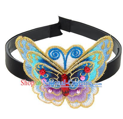 Traditional Korean Hair Accessories Embroidered Blue Butterfly Hair Clasp, Asian Korean Fashion Wedding Headwear for Kids