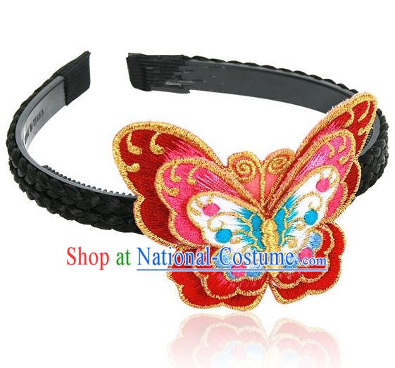 Traditional Korean Hair Accessories Embroidered Red Butterfly Hair Clasp, Asian Korean Fashion Wedding Headwear for Kids