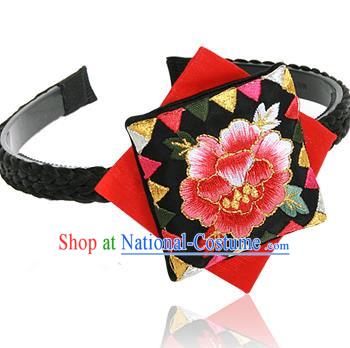 Traditional Korean Hair Accessories Embroidered Hair Clasp, Asian Korean Fashion Wedding Black Headband for Kids