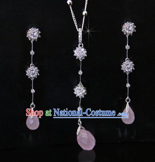 Traditional Korean Accessories Pink Crystal Necklace and Earrings, Asian Korean Fashion Wedding Jewelry for Women