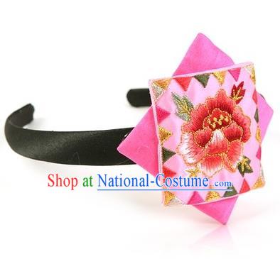 Traditional Korean Hair Accessories Embroidered Peony Hair Clasp, Asian Korean Fashion Wedding Pink Headband for Kids